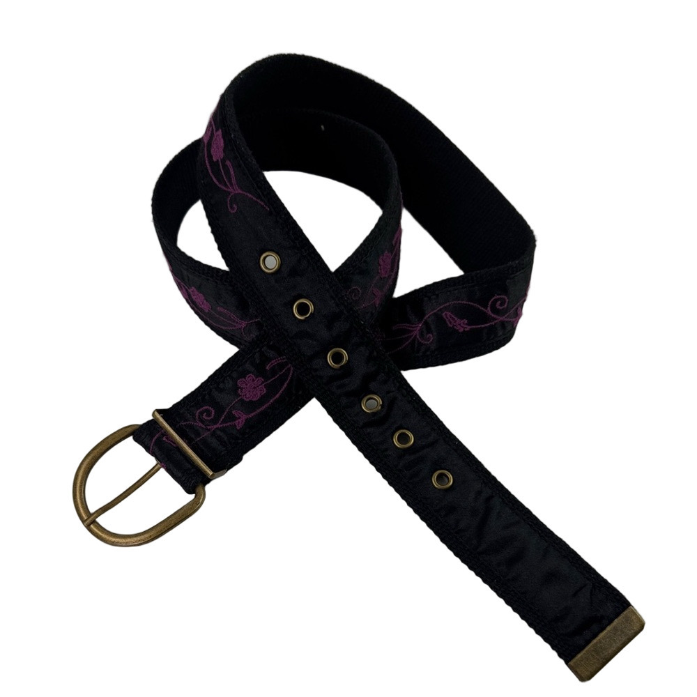 Black and Purple Embroidered Canvas Cotton Twill Women's Belt